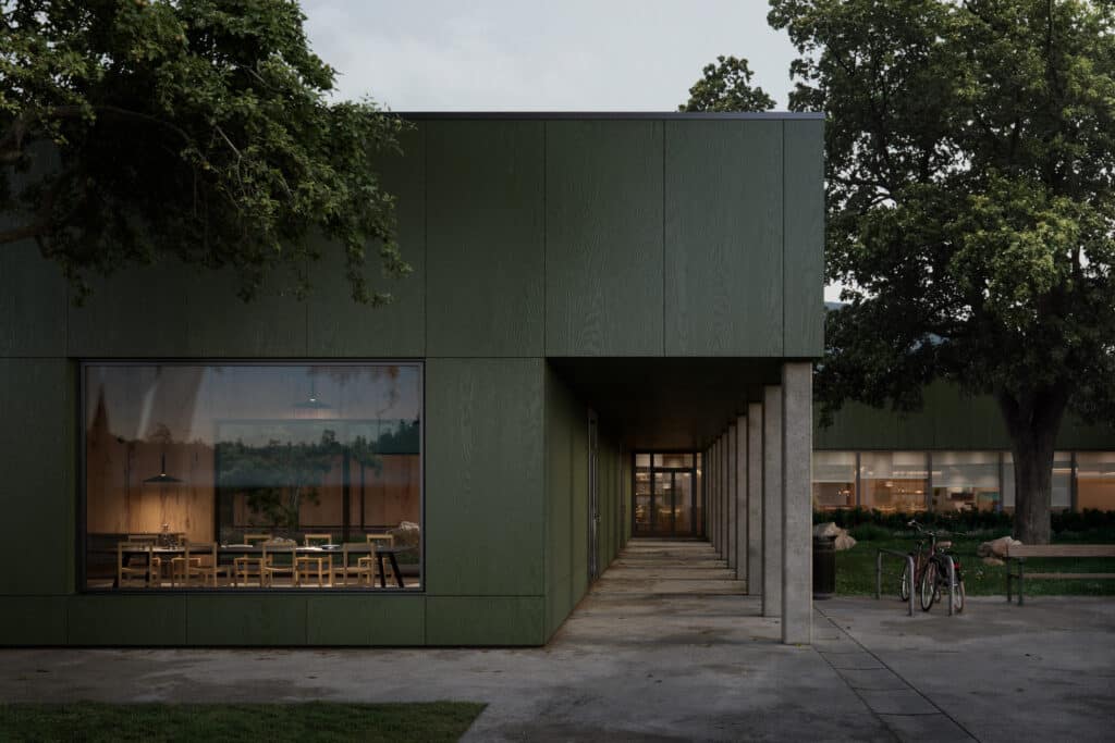 Revestimiento Parklex Prodema resistente a la intemperie, sin mantenimiento, con textura de madera natural en color verde oliva para fachadas exteriores.