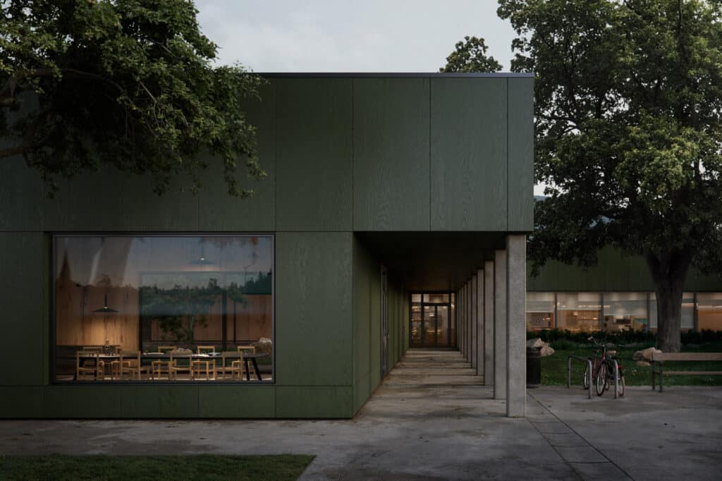 Revestimiento impermeable con color y textura de madera orgánica para interiorismo, mobiliario y fachadas en acabado Parklex Prodema Olivegreen.