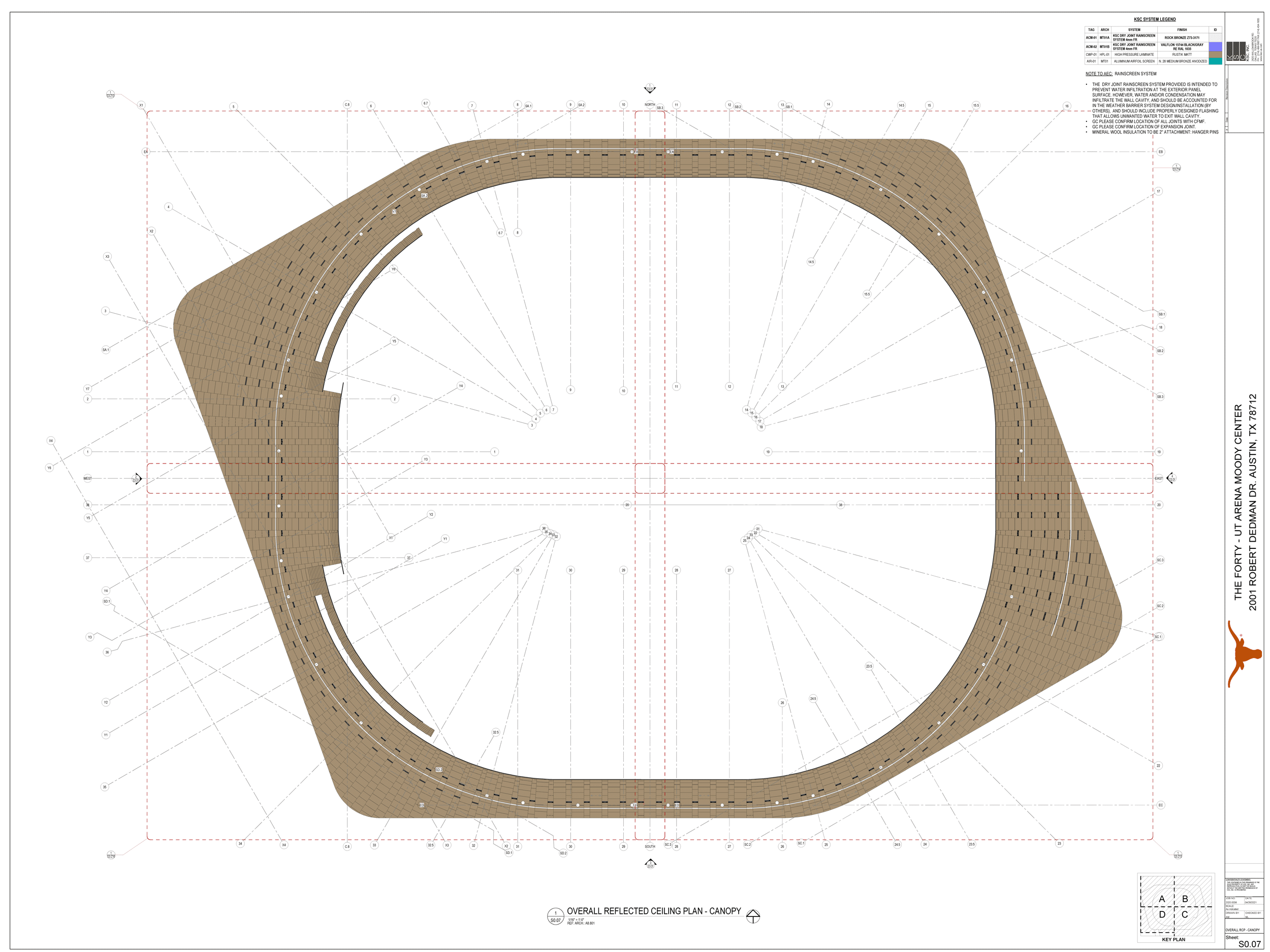Panneaux en bois naturel installés sur mesure par Parklex Prodema pour un soffite sans nécessité d’entretien dans le Moody Center Arena de l’Université de Texas. / Courtoisie de GENSLER/KSC, INC.