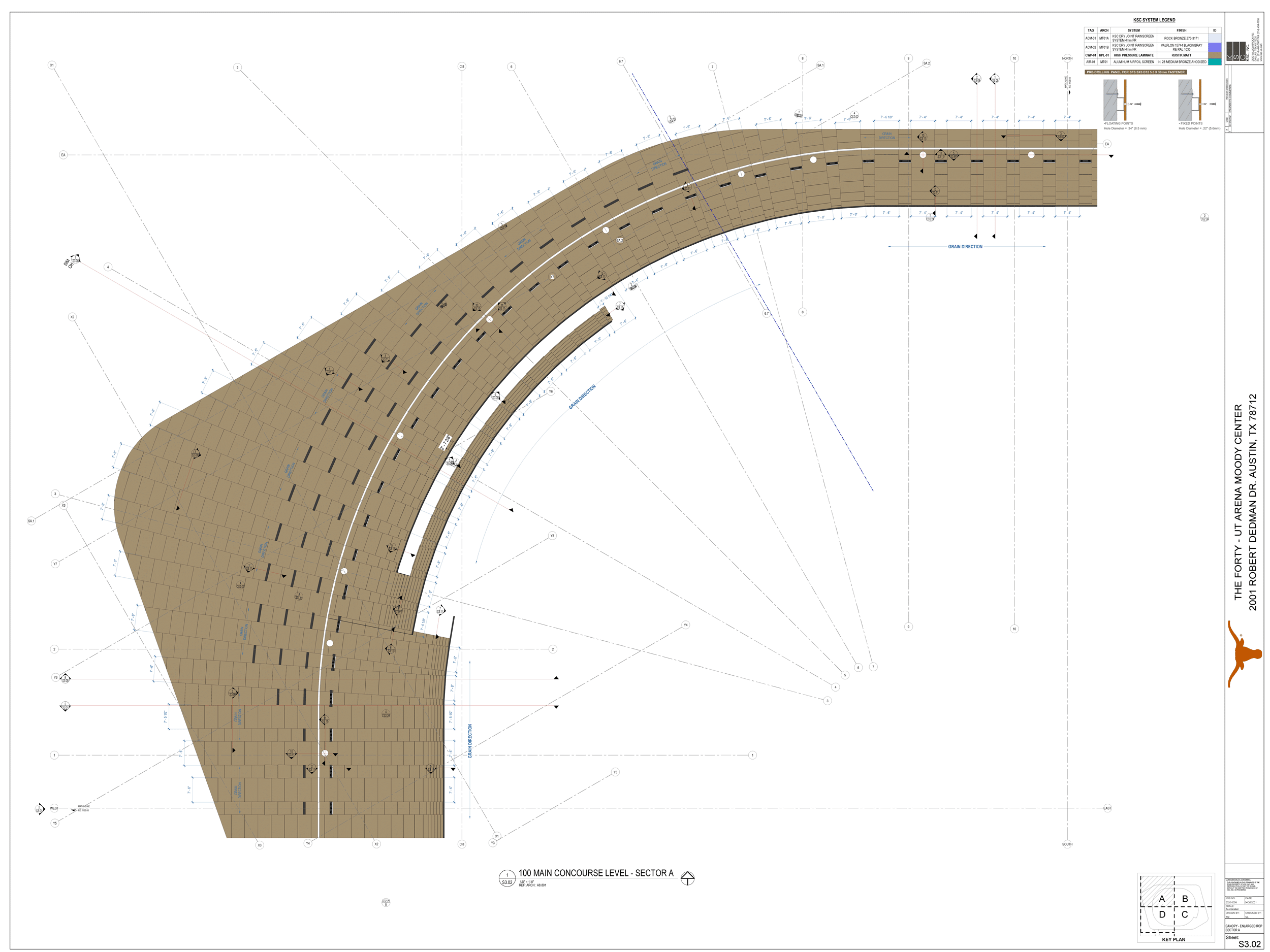 Plan détaillé de l’installation de panneaux en bois naturel pour le soffite du stade UT Moody Center Arena / Courtoisie de GENSLER/KSC, INC.