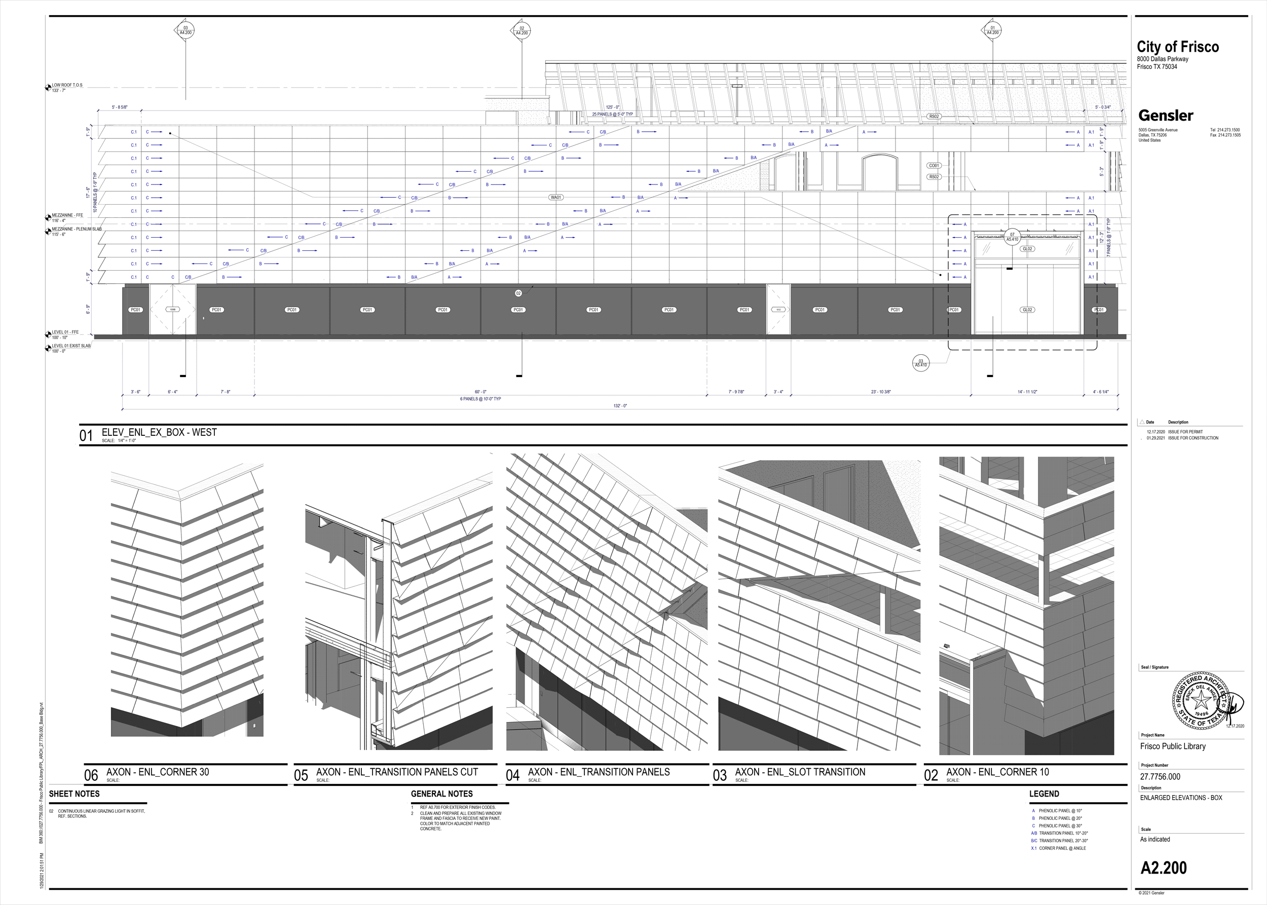 Design and arrangement of custom PARKLEX PRODEMA HPL panels for the exteriors of the Frisco Public Library.