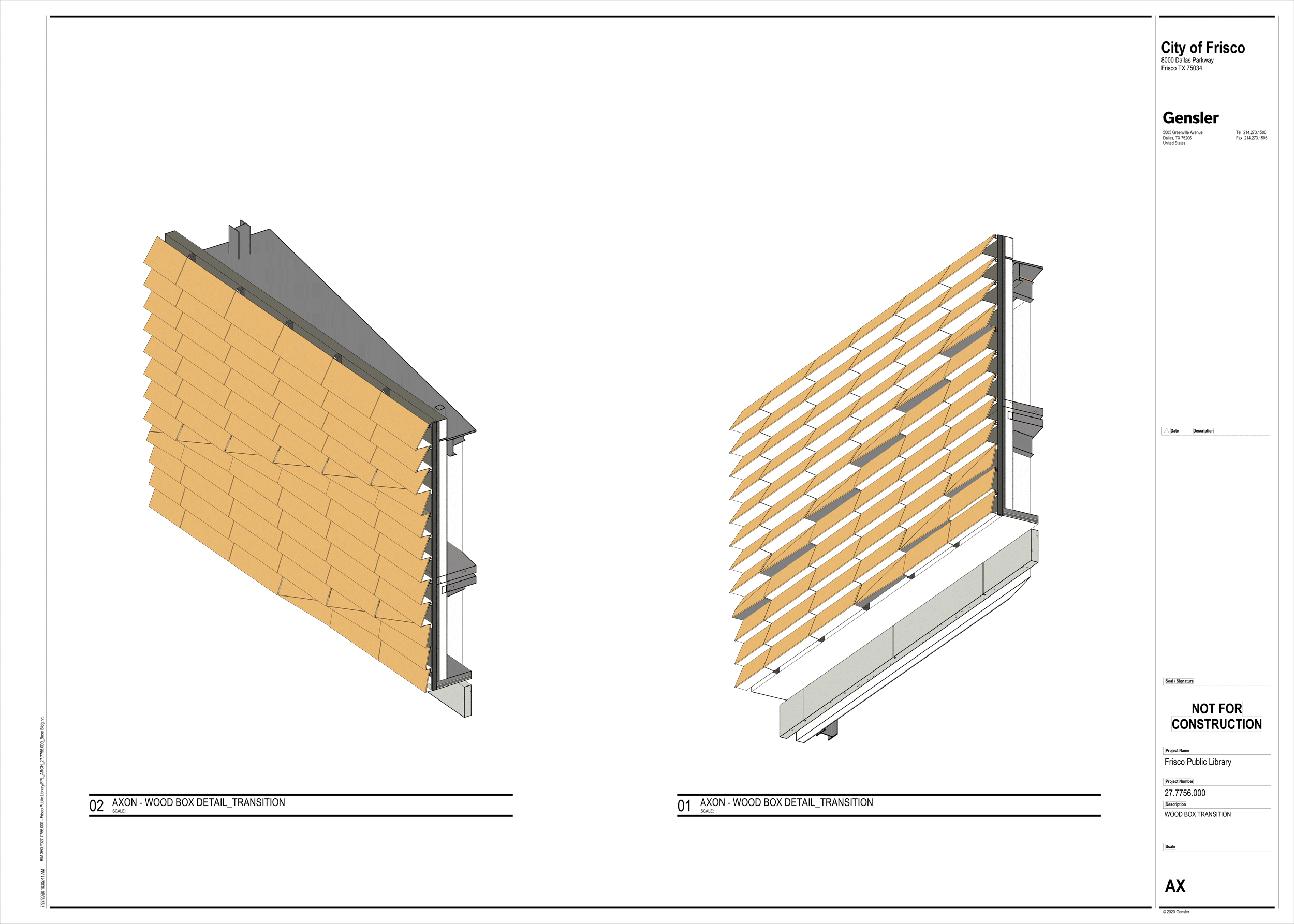 Construction specifics of the library facade, incorporating Parklex Prodema HPL panels with a natural wood texture in Mustard.