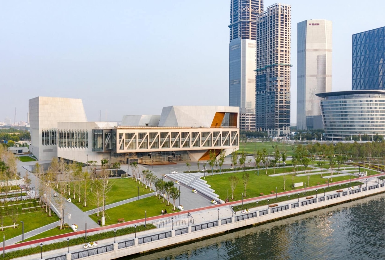 Parklex Prodema natural timber cladding panels at the Juilliard School of Music in Tianjin, by Diller Scofidio + Renfro