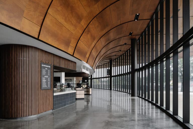Example of curved timber on façades and exterior soffit